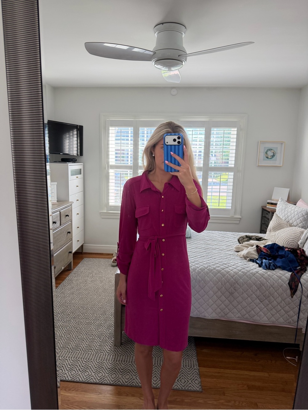 Emma & Michele Magenta Button-Front Shirt Midi Dress